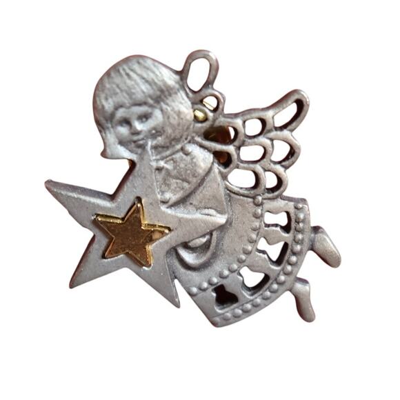Vintage Silver & Gold Tone Guardian Angel Christmas Star Lapel Pin - Picture 1 of 9